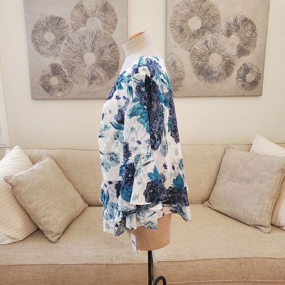 ALEX EVENINGS | Ruffle Bell Sleeve Chiffon Floral Blouse - [1X, Ivory/Teal/Blue] - Picture 6 of 11